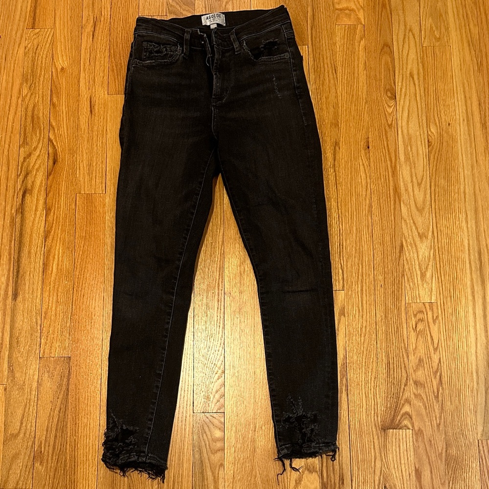 Agolde Women’s Black Skinny Jeans with Distressed Hem